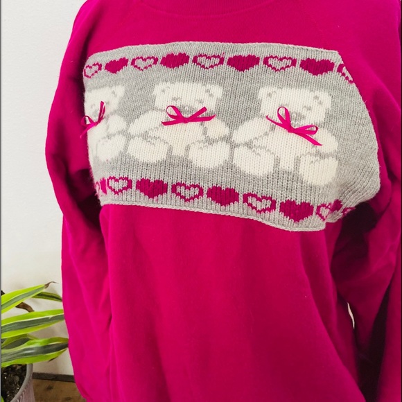 80s/90s pink teddy bear sweater. Kitschy. Cute. Comfy cozy. Cotton blend. Hanes - Picture 6 of 8